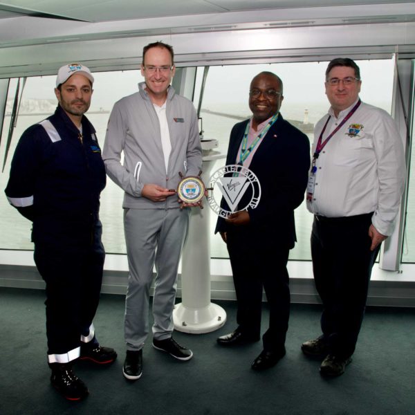 Captain of The Scarlet Lady, Captain Carsjens (second left) is pictured with The BMA’s Giovanni Ciniglio, Captain Hutchinson and Stephen Keenan.